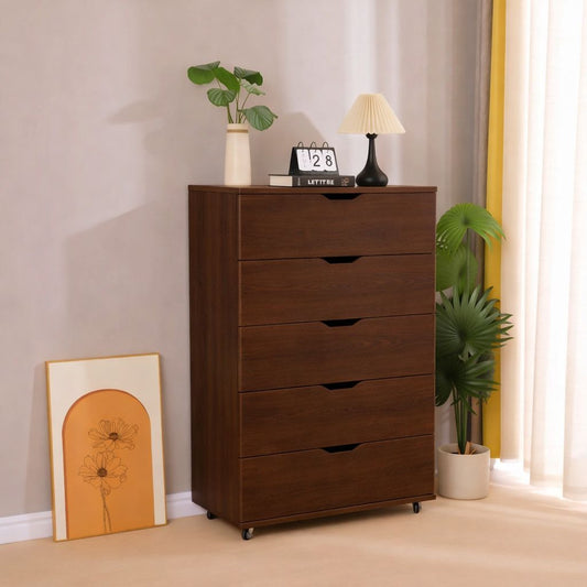 Rustic Dark Brown 5-Drawer Rolling Dresser with Caster Wheels, Wooden Mobile Storage Cabinet for Bedroom, Closet, or Small Space, 30.71' W x 15.83' D x 46.46' H