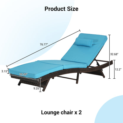 Outdoor Wicker Long Reclining Chair Set of 2 , Wicker Reclining Lounge Chair Lawn Sunbathing Chairs Recliner up to 150°  Beach Poolside Garden