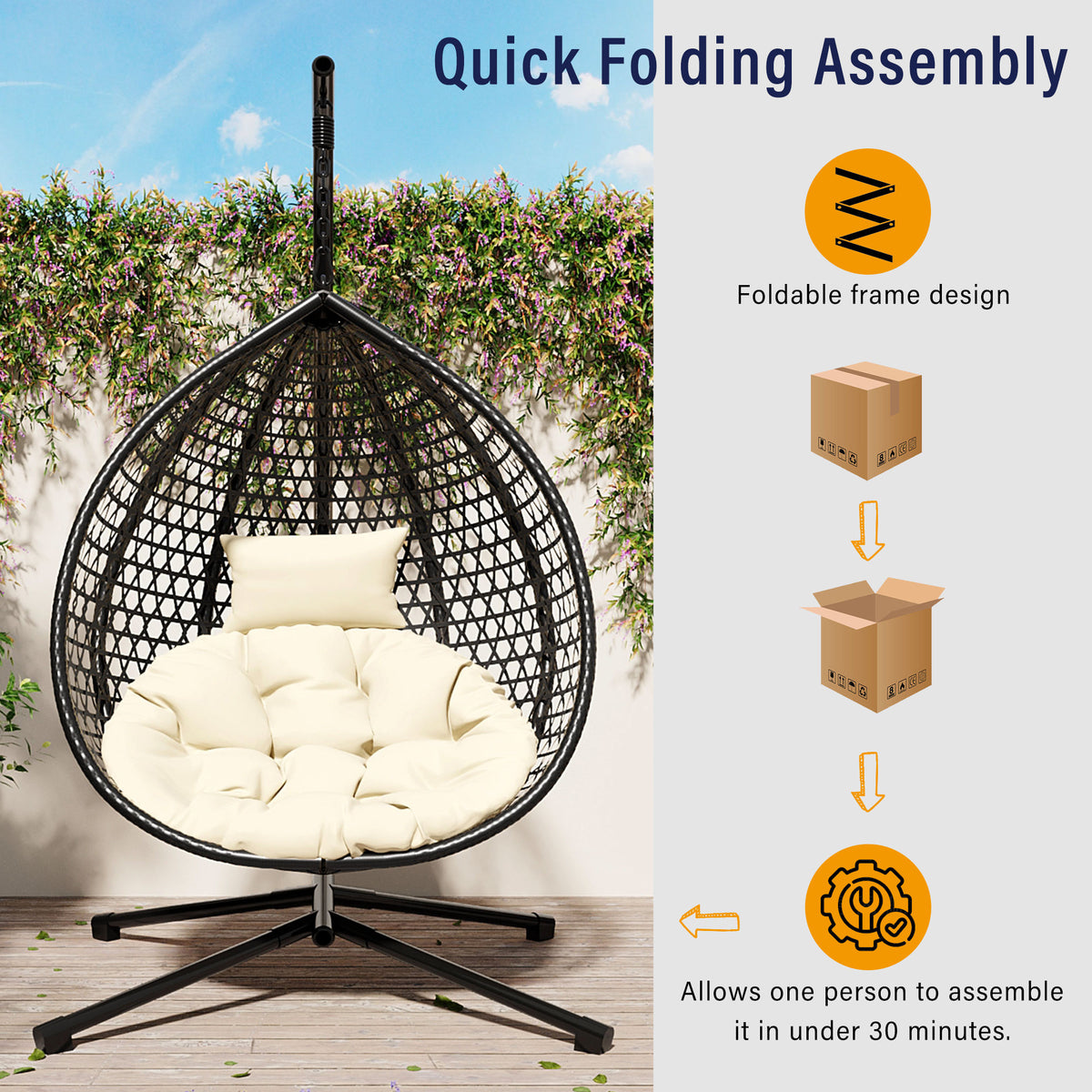 U_STYLE Sturdy Hammock Chair with Stand, Durable Hanging Egg Chair with Rattan Weaving ,Comfortable Indoor Outdoor Swing  chairs with Soft Removable Cushion,Suitable for Balcony, Bedroom,or Garden
