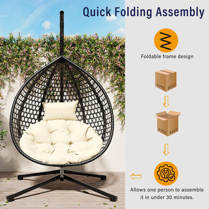 U_STYLE Sturdy Hammock Chair with Stand, Durable Hanging Egg Chair with Rattan Weaving ,Comfortable Indoor Outdoor Swing  chairs with Soft Removable Cushion,Suitable for Balcony, Bedroom,or Garden