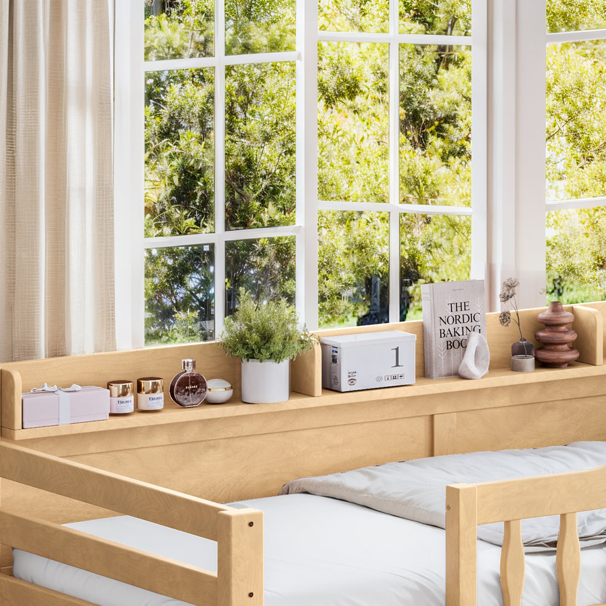 Twin XL Over Queen Bunk Bed with Storage Drawers, Chic Curved Guardrail & Side Storage Shelves, solid wood Bunk Bed Frame with Ladder, No Box Spring Needed. Natural