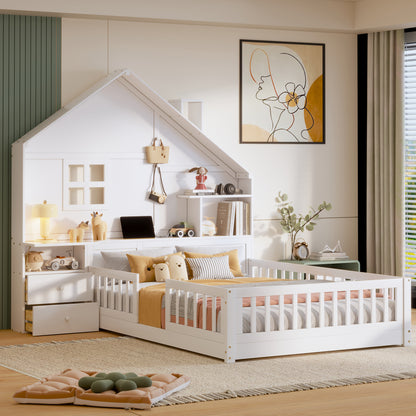 Full Size House Bed with Window and Bedside Drawers, Platform Bed with Shelves and a set of Sockets and USB Port, White