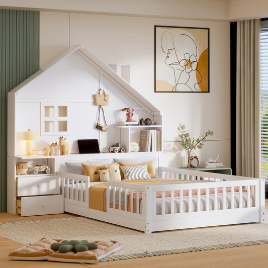 Full Size House Bed with Window and Bedside Drawers, Platform Bed with Shelves and a set of Sockets and USB Port, White