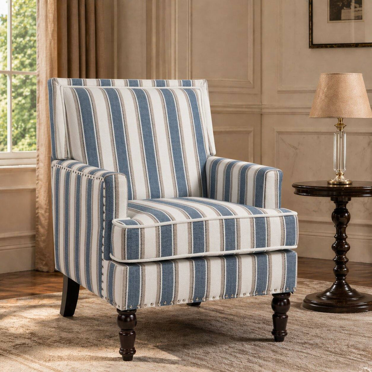 Upholstered Accent Chair, Vintage Armchair with Solid Wood Legs, Blue and White Striped Linen Fabric and Nailhead Trim for Living Room