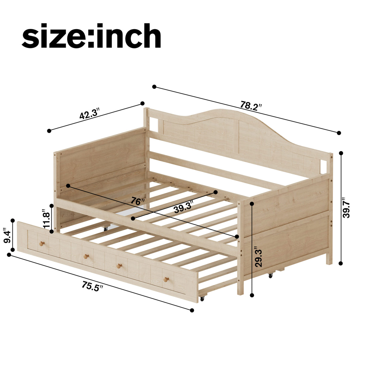 Twin Solid Wood Daybed with Drawer Rolling Trundle, Multi-Purpose Single Sofa Bed for Bedroom Living Room,Natural