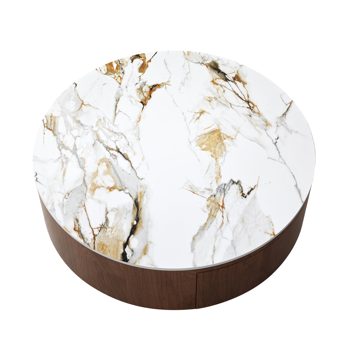 Rustic Round Coffee Table with 2 Drawers and Sintered Stone Top, Modern Living Room Center Table