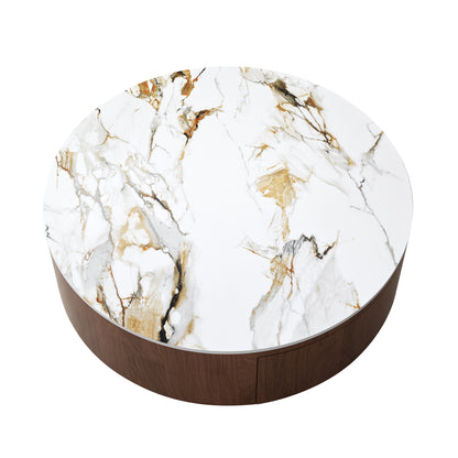 Rustic Round Coffee Table with 2 Drawers and Sintered Stone Top, Modern Living Room Center Table