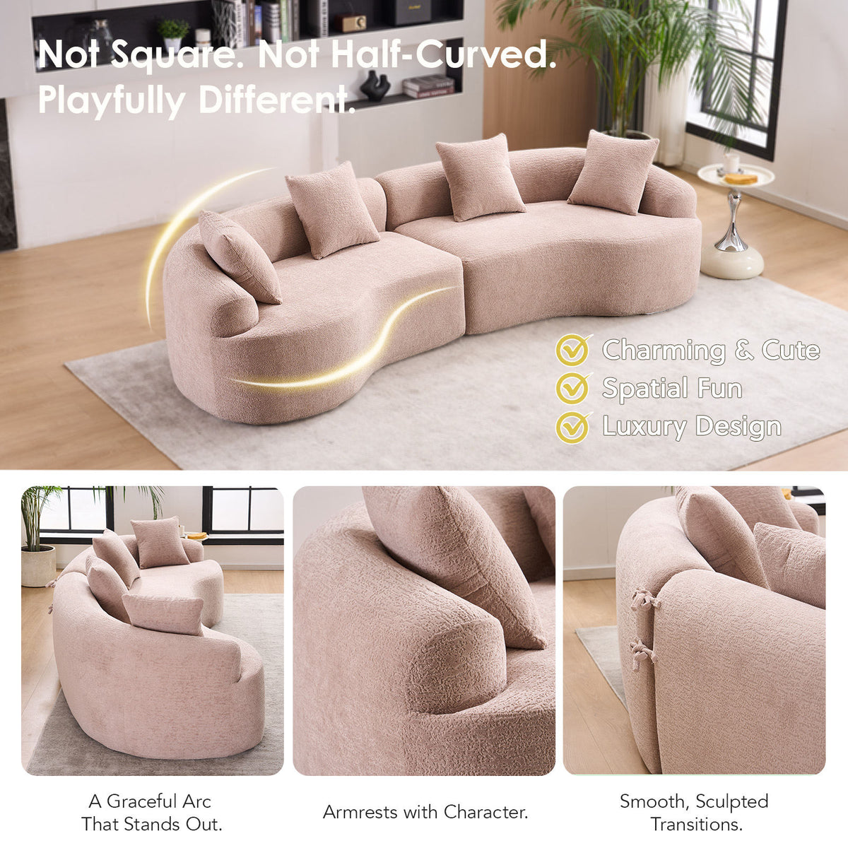LY-025 Modular Sleeper Sectional Sofa, 4-Seater with Wood Grain Chenille Fabric, Warm Beige Convertible Sofa Bed