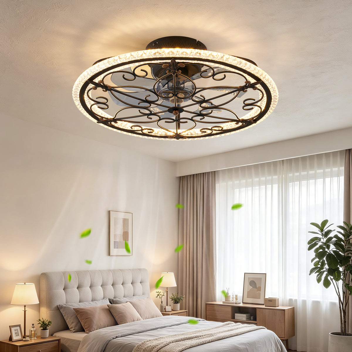 Rustic Black Caged Ceiling Fan with Remote-Controlled LED Light for Bedroom Kitchen Living Room, Matte Black Iron and ABS-PC Construction, 20-Inch