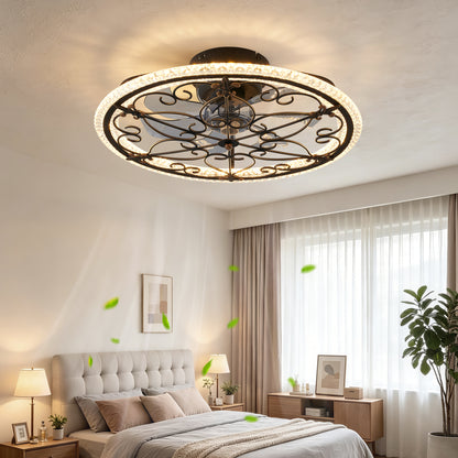 Rustic Black Caged Ceiling Fan with Remote-Controlled LED Light for Bedroom Kitchen Living Room, Matte Black Iron and ABS-PC Construction, 20-Inch