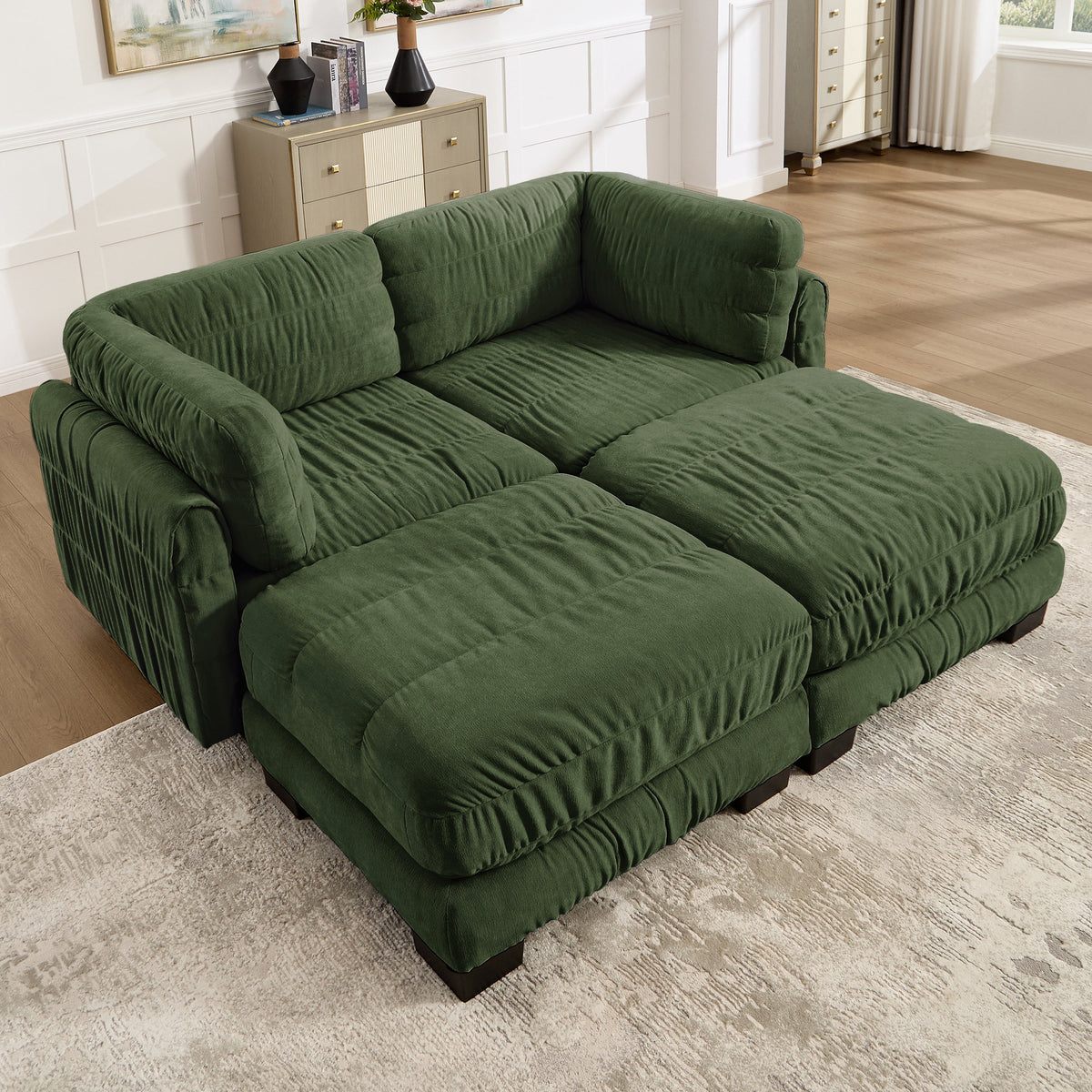 2 Seat Ruched Detailing Chenille Modular Sectional Sofa,Movable 2 Ottomans,High-Density Foam,L Shape Thickened  Back Cushions,Easy Assembly,For Living Room,Bedroom,Green