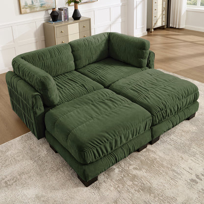 2 Seat Ruched Detailing Chenille Modular Sectional Sofa,Movable 2 Ottomans,High-Density Foam,L Shape Thickened  Back Cushions,Easy Assembly,For Living Room,Bedroom,Green