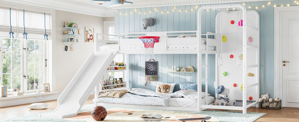 Twin size metal loft/bunk bed with basketball hoop, pull-up rings, climbing wall, and built-in bookshelves. Playful children's design featuring a slide,White.