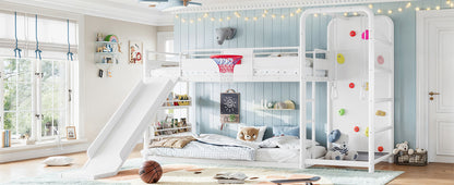 Twin size metal loft/bunk bed with basketball hoop, pull-up rings, climbing wall, and built-in bookshelves. Playful children's design featuring a slide,White.