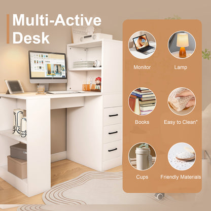 White Computer Desk with 4-in-1 Socket, the Desk with 3 Slide Drawers and 4 Storage Levels, the Wooden Desk is Suitable for a Variety of Places