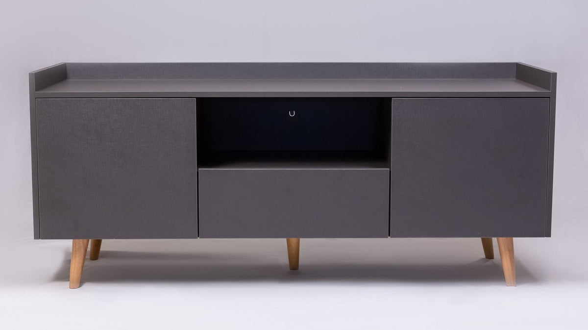 Modern TV Stand for TVs up to 60 Inches, Entertainment Center with Open Storage Shelf, Two Doors, One Drawer and Cable Management, Graphite