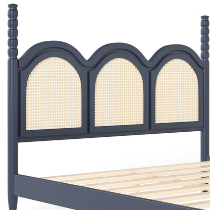 Queen Size Platform Bed with Arched Woven Headboard, Four Poster Stylish Wooden Bed Frame, Elegant Curved Headboard Bed Frame For Bedroom,Blue