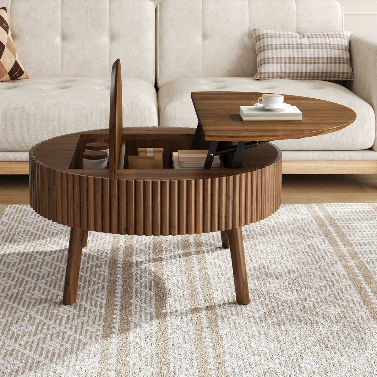 Modern Round Lift-Top Coffee Table with Half Flip-Top & Hidden Storage, Solid Wood Mid-Century Coffee Table with Fluted Design, 30.3' Walnut Space-Saving Center Table for Living Room