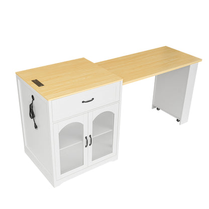 U_STYLE Extendable Counter Table with Wheels,Bar Table with Built-in Power Outlet,Farmhouse Wine Cabinet with Double-Sided Drawers,Suitable for Kitchen & Home Bar (Chairs Not Included)