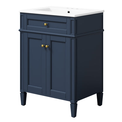 Modern Blue Bathroom Vanity with 2 Doors and Tip-Out Drawer, Ceramic Sink, Soft-Closing Hinges, Solid Wood Frame, 24'