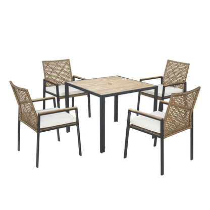 All Weather Patio Dining Table Set with Acacia Wood Top and Umbrella Hole, Yellow Rattan Outdoor Furniture