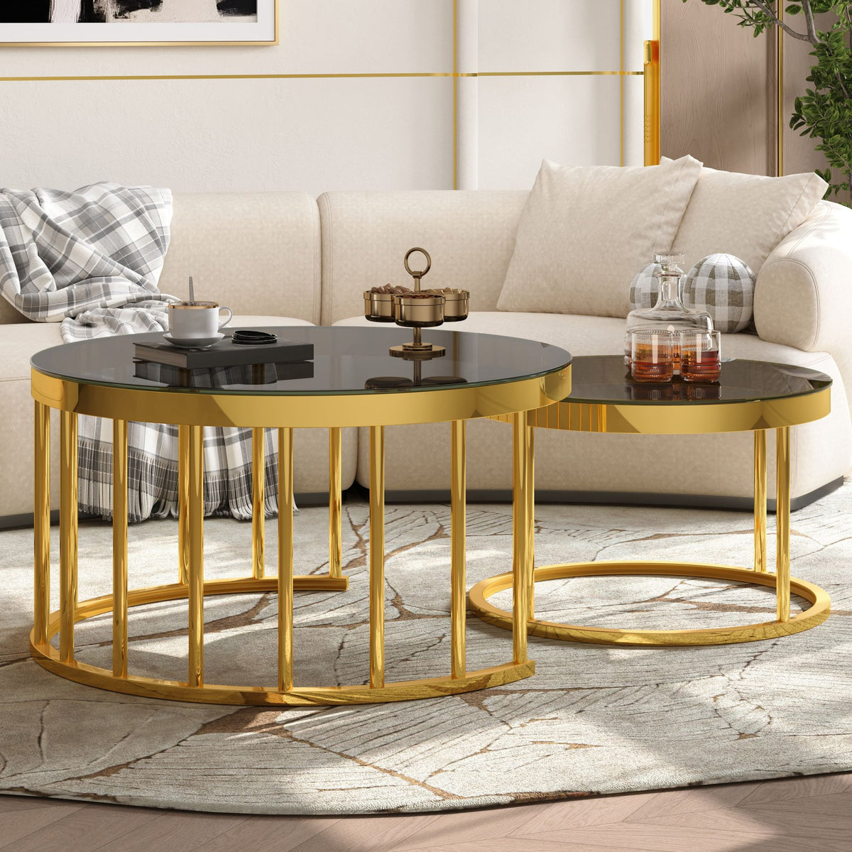Round Nesting Coffee Table Set of 2, Modern Gold Metal Frame Circular Cocktail Table, Tempered Glass Top Accent Nesting Tables for Living Room, Apartment