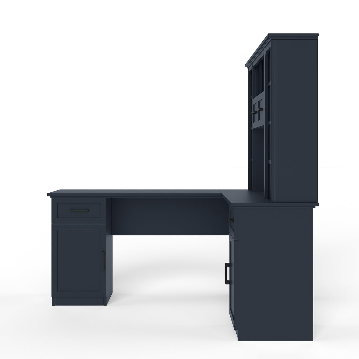 L-Shaped Computer Desk with 2 Cabinets and 2 Drawers, 11 Open Shelves and 1 Right Flip Shelf with Storage, with Power Outlet, Antique Blue