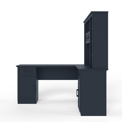 L-Shaped Computer Desk with 2 Cabinets and 2 Drawers, 11 Open Shelves and 1 Right Flip Shelf with Storage, with Power Outlet, Antique Blue