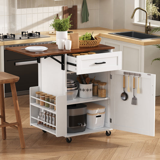 K&K 39.3" Farmhouse Kitchen Island with Drop Leaf, Kitchen Storage Island with Open Side Rack, One Drawer, Towel Rack – White
