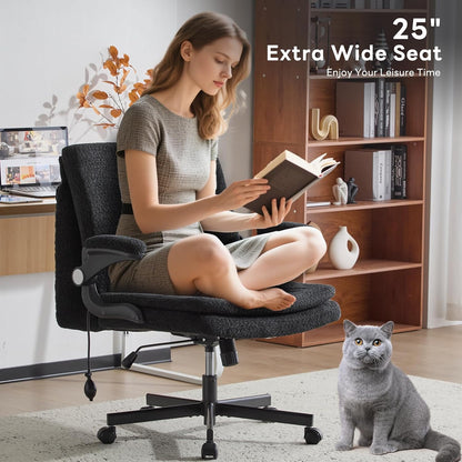 Criss Cross Legged Office Chair with Flip-Up Back Built-In Dynamic Airbag Lumbar Support, Wide Seat Desk Chair with Flip-Up Arms and Wheels, Modern Cross-Leg Chair for Home Office, Vanity, Black.