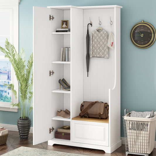 Stylish Design Hall Tree with Flip-Up Bench, Minimalist Hallway Shoe Cabinet with Adjustable Shelves, Multifunctional Furniture with Hanging Hooks for Entryways, Mudroom, White (OLD SKU: WF304223AAK)