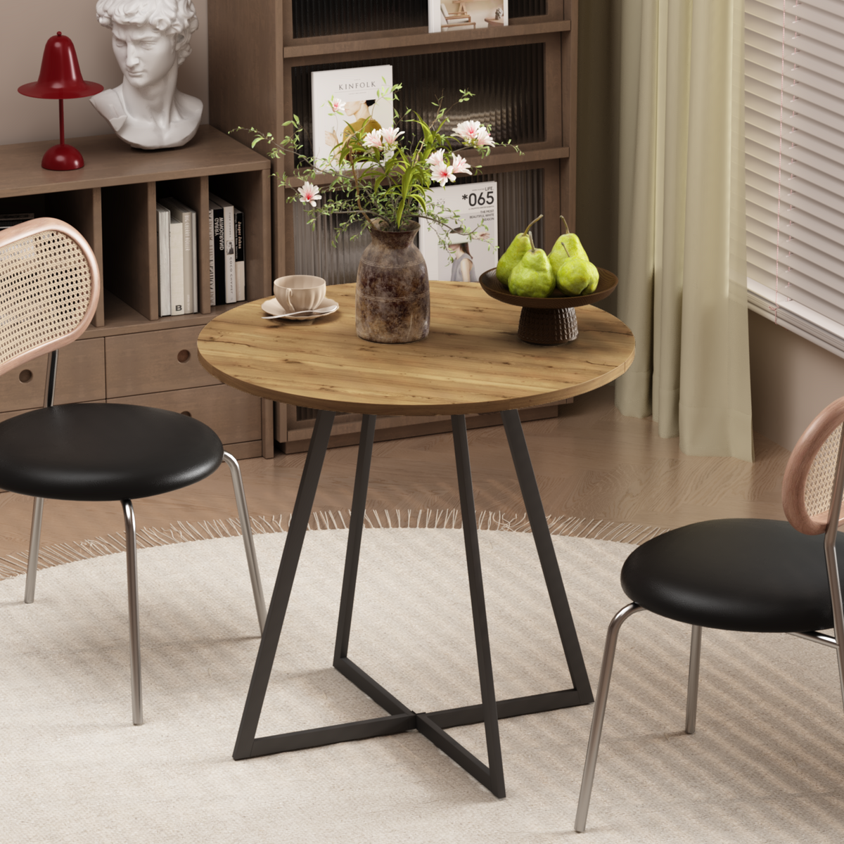 31.5 Inch Round Dining Table, Small Circle Kitchen Table with Metal Black Legs for 2-4 people, Modern Dining Room Table, Brown (only table) – Natural