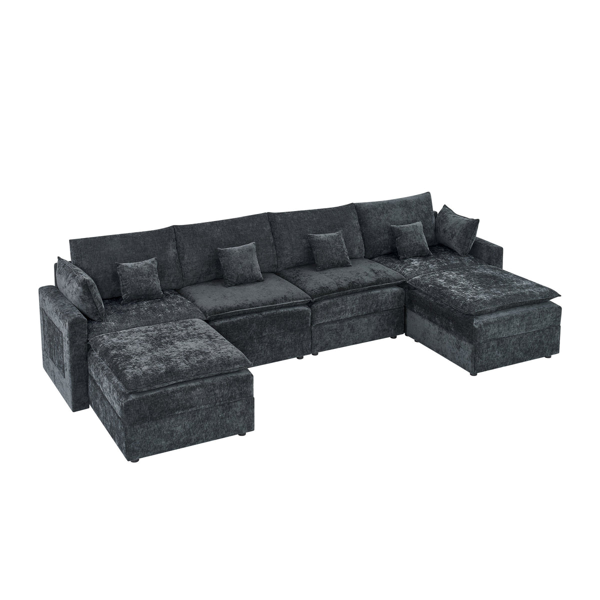 132' Cloud Modular Sectional Sofa, Deep Seat U Shaped Couch with Ottoman, Chenille Upholstered Sofa with Chaise, Plush Cushions, 6 Seat Modern Comfy Couch for Living Room & Apartment, Black