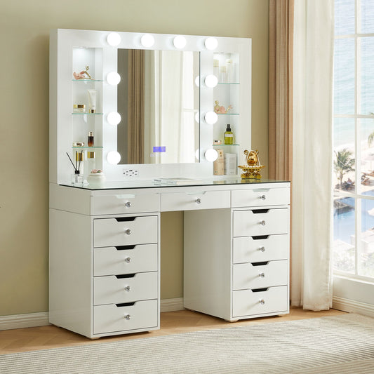 Hollywood LED Lighted Makeup Vanity Desk with 10 Bulbs Mirror, 11 Drawers White Dressing Table with Glass Top for Bedroom