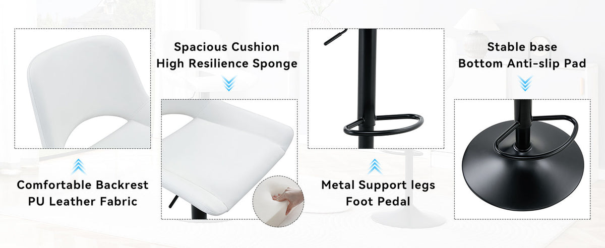 Modern Swivel Adjustable Bar Stools Set - 2 Pack, White PU Material, with Footrest, Holds Up to 250 lbs