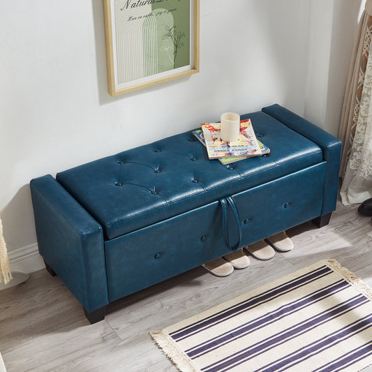 48" Ottoman Bench with Storage, Upholstered Tufted Faux Leather PU Ottoman Blue