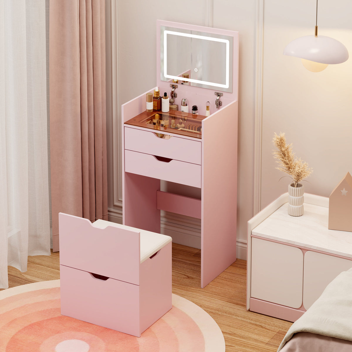 Dressing Table and Stool, 3-in-1 Multifunctional Dressing Table Set, Featuring Three-color Lighting Modes, HD Mirror, Two Sliding Drawers