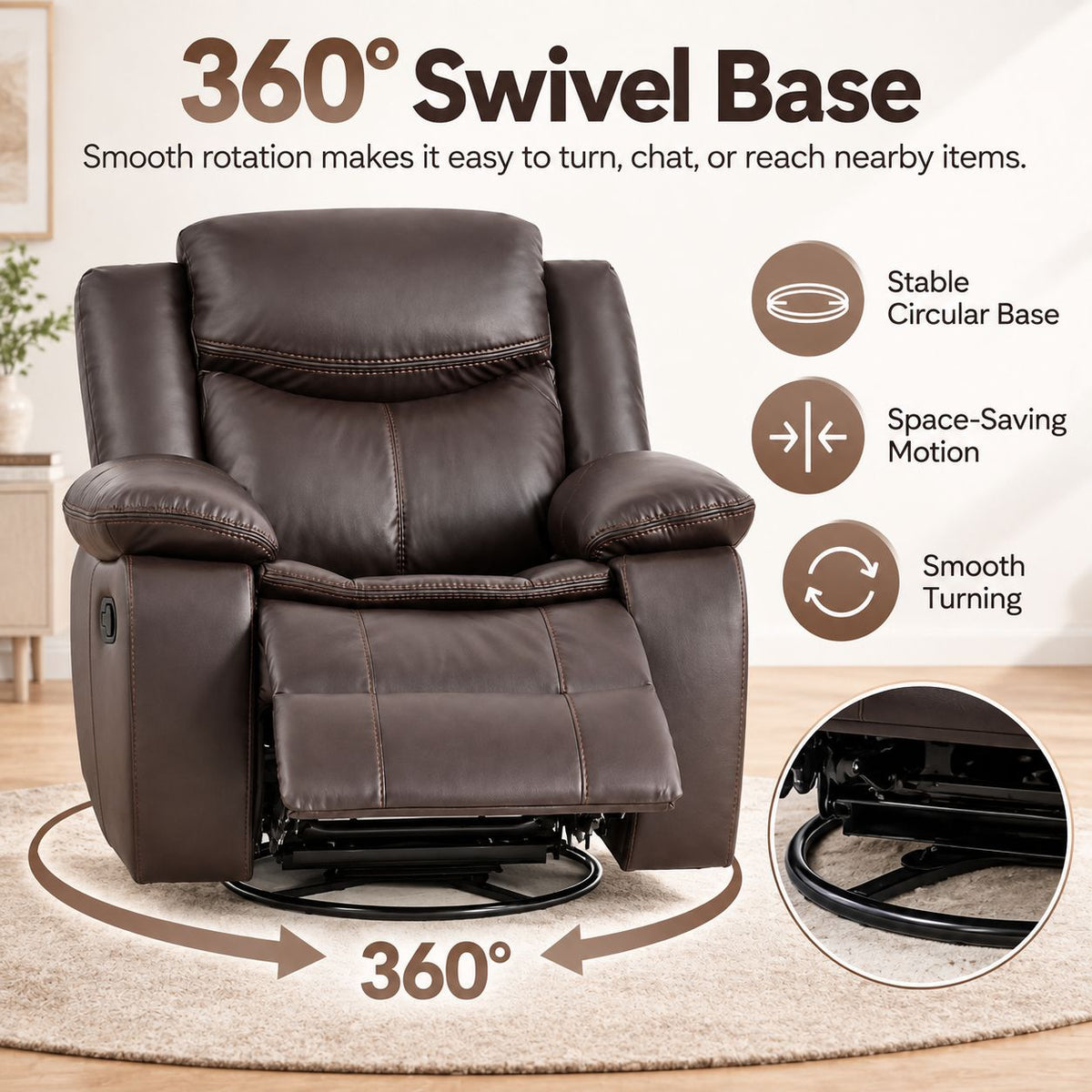 Faux Leather Swivel Recliner Chair, Manual Reclining Armchair with 360° Swivel Base, Padded Backrest & Armrests
