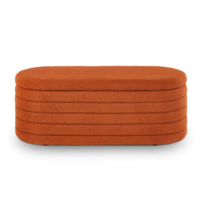 Modern Oval Storage Ottoman Bench, Upholstered Boucle Teddy Fabric End of Bed Bench with Storage, End of Bed Stool with Safety Hinge, Orange