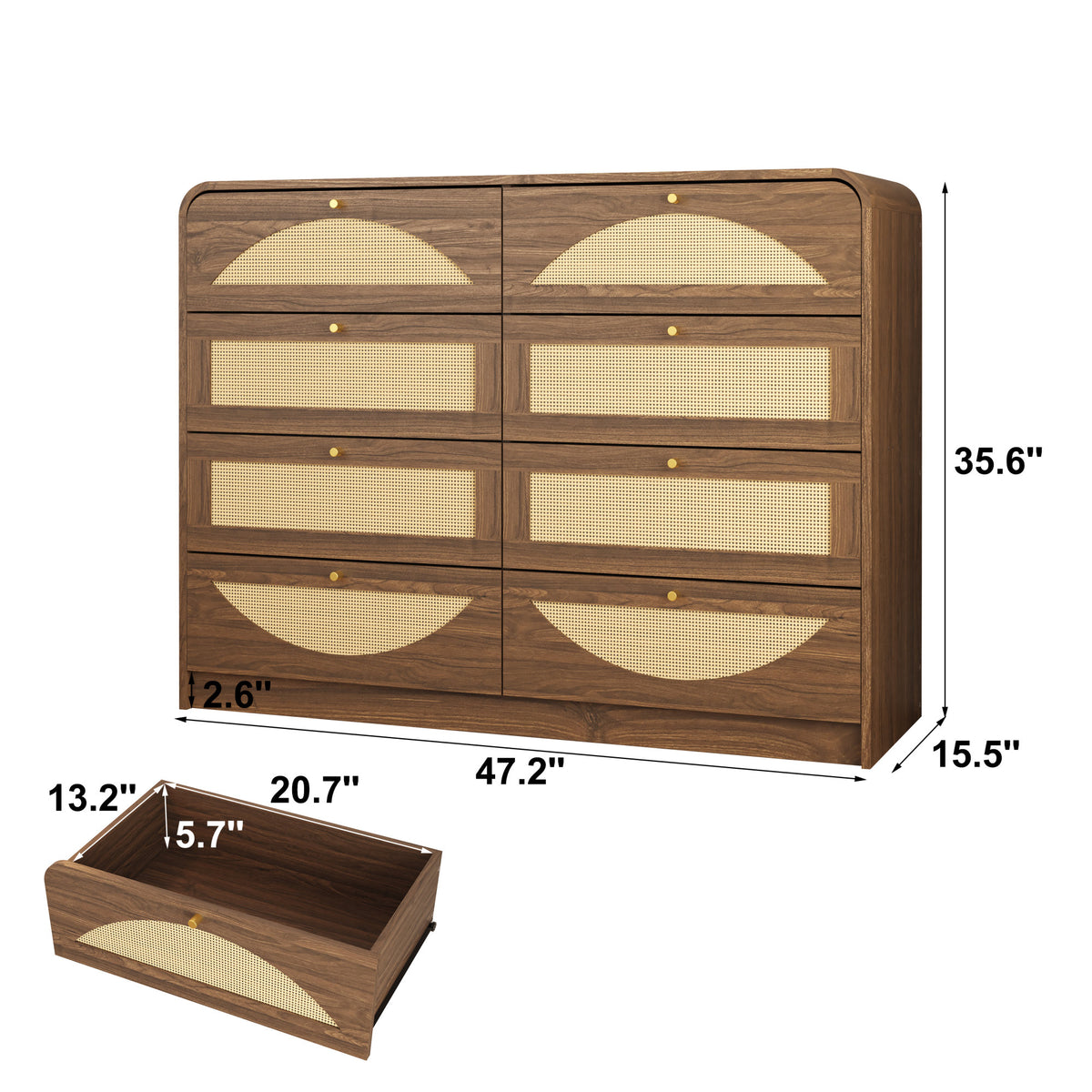 Walnut Finish 8‑Drawer Dresser with Rattan Front, Wide Particle Board Chest of Drawers, Modern Wooden Storage Cabinet