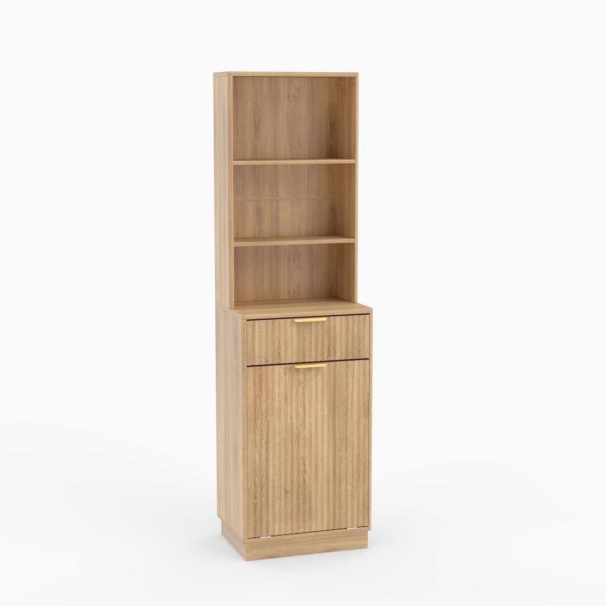 Tall Narrow Fluted Storage Cabinet with 10-Gallon Hidden Trash Bin Compartment, Freestanding Cabinet, Fixed Open Shelves & Drawer, Anti‑Tip for Kitchen Home‑Office Living Room (Trash Can NOT Included)