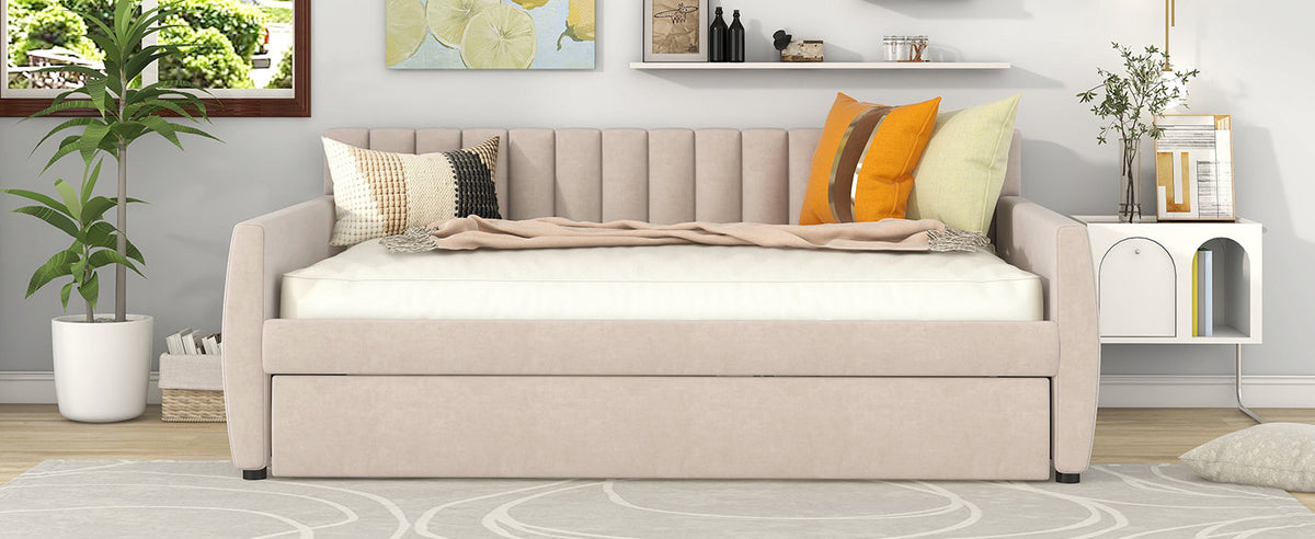 Full Size Upholstered daybed with Trundle and Wood Slat Support, Beige(Old SKU:LP000121AAA)