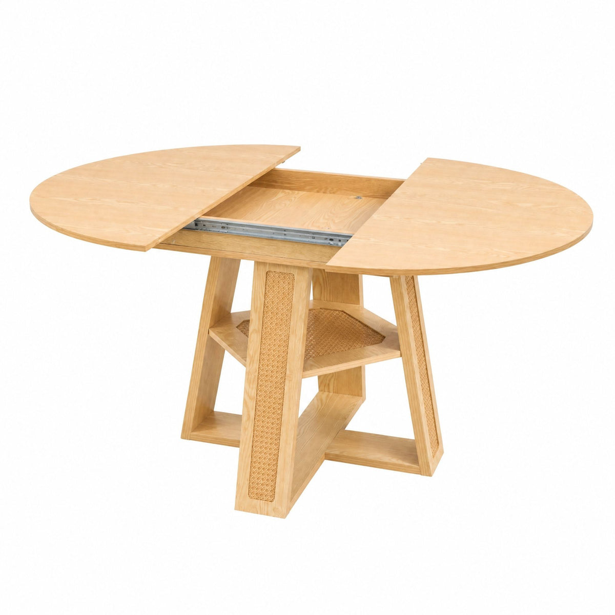 43.3'-59.05' Extendable Round Dining Table for 4-6, Round-to-Oval Kitchen Table with Removable Extension Leaf, Cross-Shaped Base and Storage Shelf, Natural