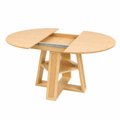 43.3'-59.05' Extendable Round Dining Table for 4-6, Round-to-Oval Kitchen Table with Removable Extension Leaf, Cross-Shaped Base and Storage Shelf, Natural
