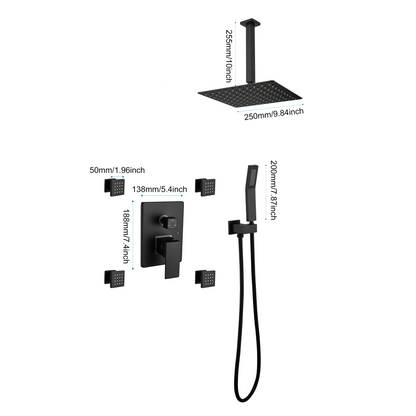 Shower System, 10-Inch Matte Black Full Body Shower System with Body Jets, Square Rainfall Shower Head, Handheld Shower, and Pressure Balance Shower Valve, Bathroom Luxury Faucet Set