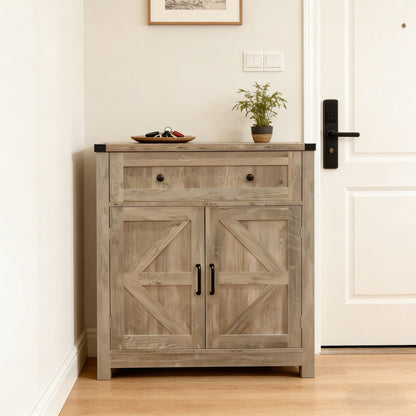 Light Gray-Washed Wood Farmhouse Barn-Door Storage Cabinet, Coffee Bar Buffet Sideboard with Drawer
