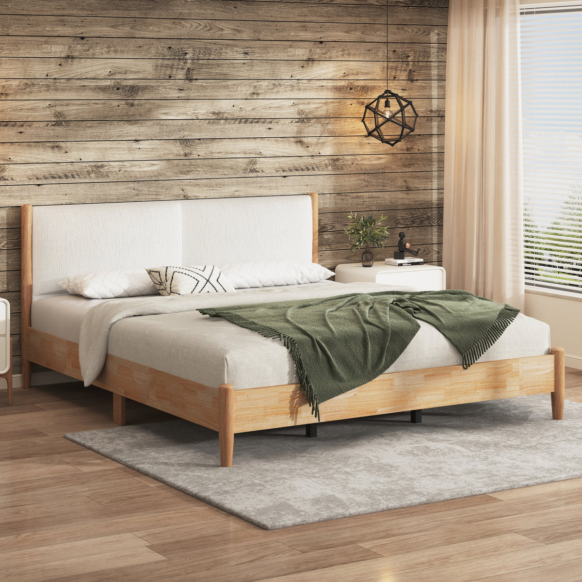 King Natural wood  Bed Frame with White Cozy Upholstered Headboard