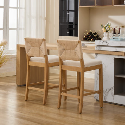 Hand‑Woven Rattan Counter Height Bar Stools Set of 2, 27 Inch Seat Height, Linen Upholstered Barstools with S‑Spring & High‑Density Sponge Cushion, Solid Wood Frame for Kitchen Island,SW1872MT
