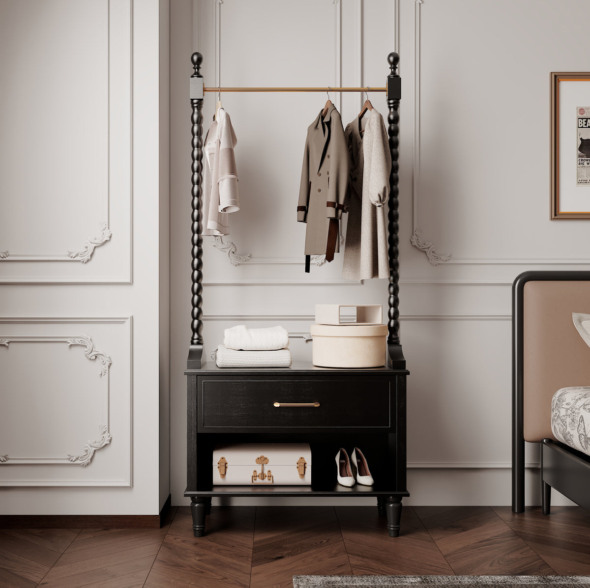 Clothes Rack, Solid Wood Clothing Rack, with 2 Drawers, Coat Hanger, Floor-standing Garment Racks, for Hanging Shirts, Jackets, Coat(Black)