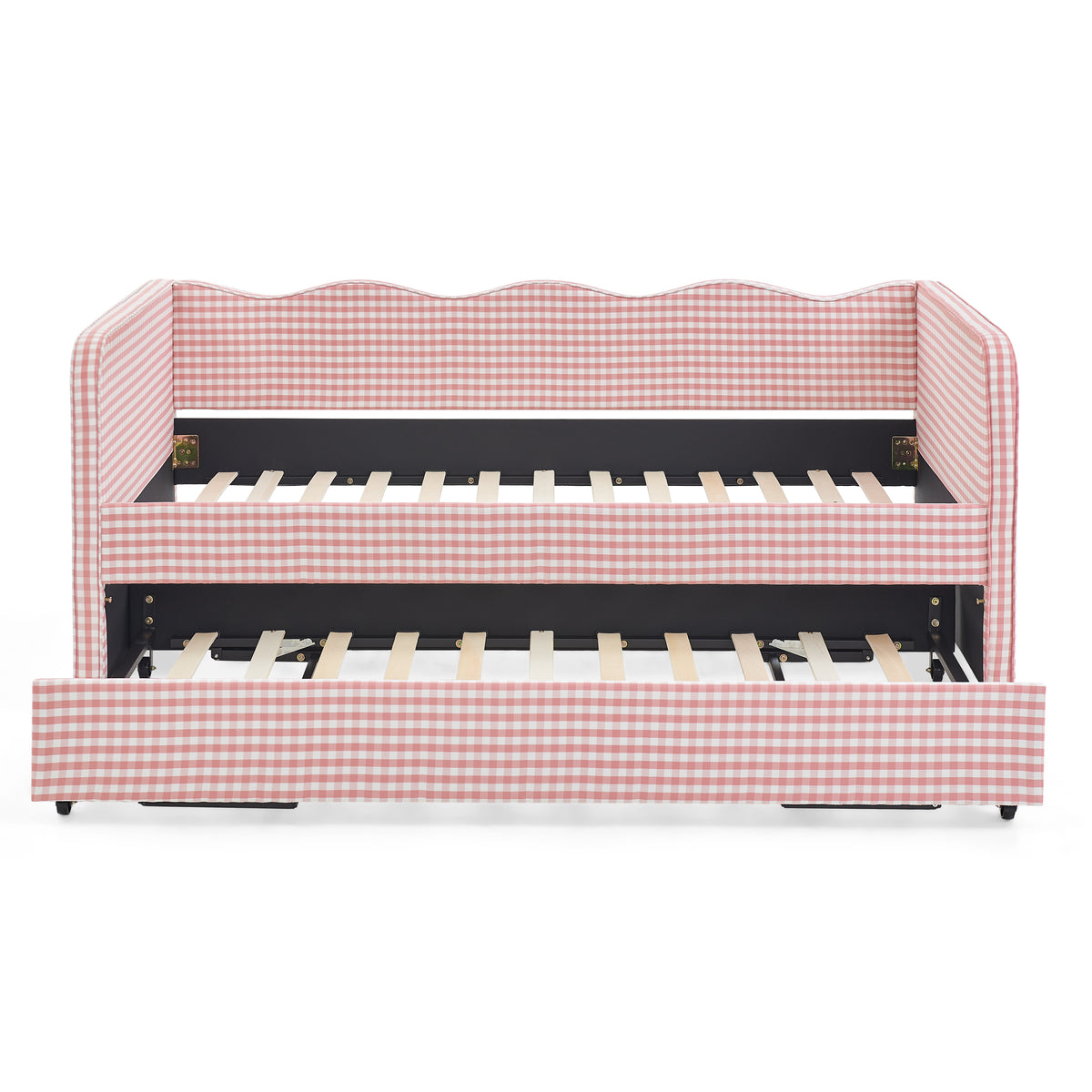 Twin‑Size Daybed, Gingham Upholstered 3‑in‑1 Versatile Convertible Sofa Bed with Pull‑Out Trundle & Side Storage Pockets, Ideal for Multiple Room Layouts and Small‑Space Living-Pink